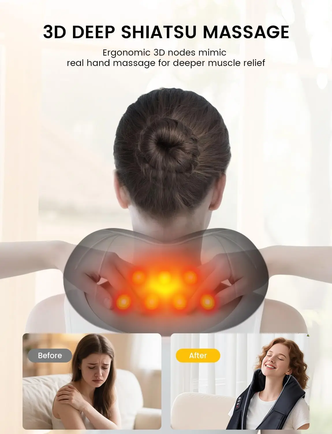 Elektrisches Shiatsu-Nackenmassagegerät mit Wärme, 3D-Knetmassage für Tiefengewebe, Schmerzlinderung für Zuhause, Büro und Auto, Perfektes Geschenk