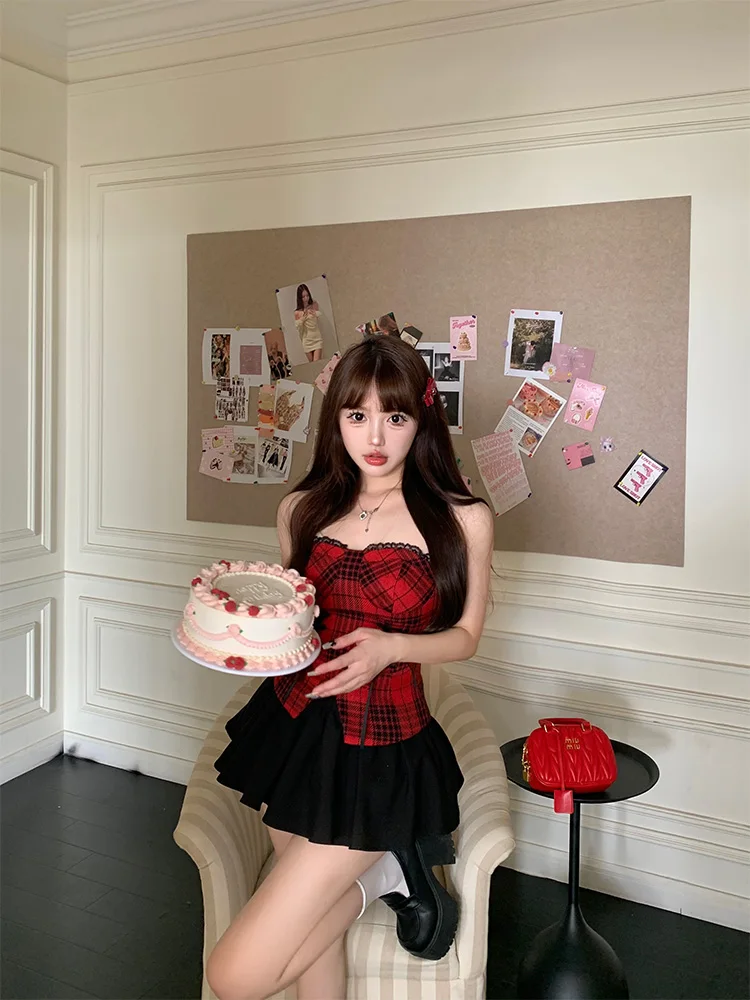 

Bendibian Sweet Rich Girl Vintage Red Plaid Tube Top Women Summer Pure Desire Spicy Girl Tie Waist Vest Top