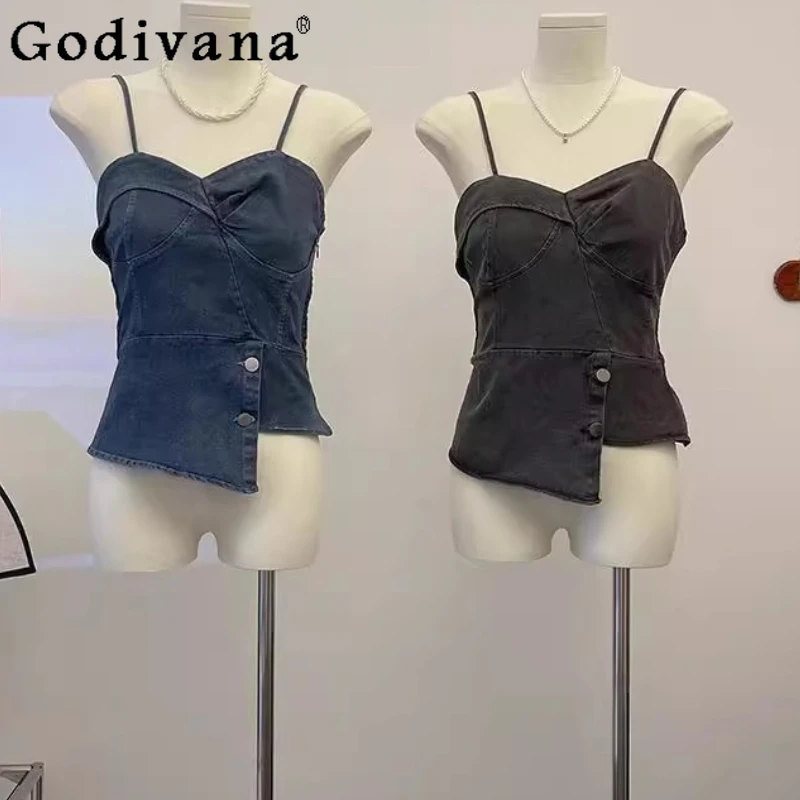 

Large Size 2XL-6XL Retro Irregular Solid Color Slim Denim Sling Vest Women Summer New Sexy Short Fashion Versatile Short Top