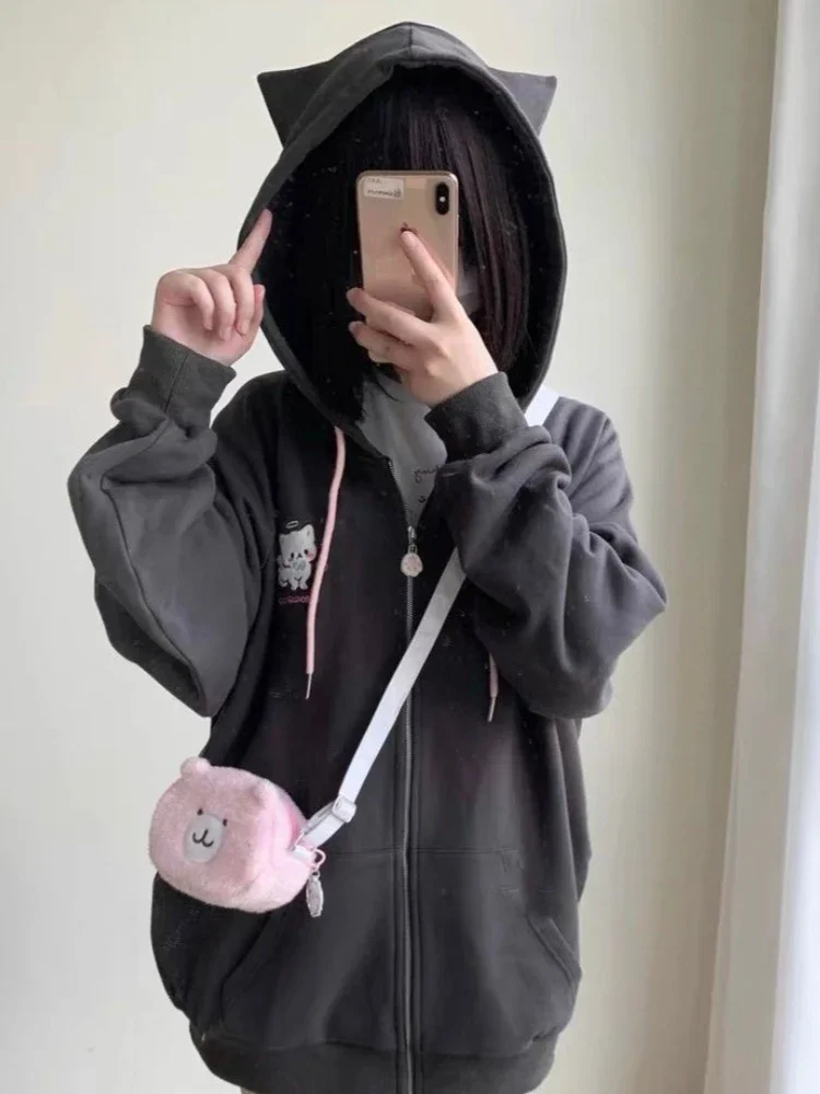 Winter Gray Solid Harajuku Hoodies Women Japanese Style Y2k Cuteore Soft Girl Cartoon Embroidery Zipper Hoodes Sweatshirt 2024