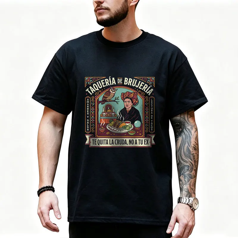 Curandera vendor serving Tacos Street Food Graphic T Shirt 0912 Retro Dark Humor Mexican Culture Halloween Alternative Art Tee