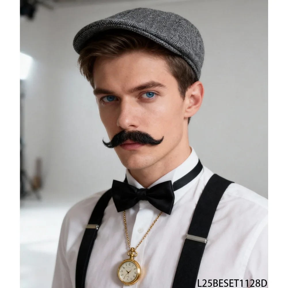 

PESENAR Vintage Gentleman Cosplay Set Striped Top Hat Bow Tie Suspenders Fake Beards Theme Party Outfit