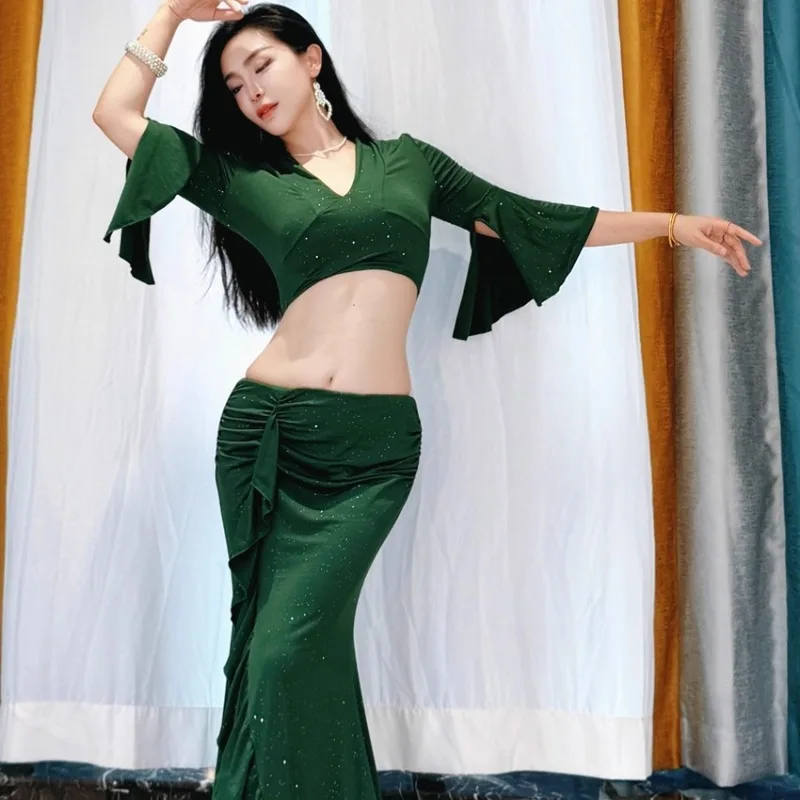 Customized Eastern Belly Dance Costumes Practice Clothes Silver Ice Silk Sprinkled Trumpet Sleeves Lace Wrapped Buttocks Skirt
