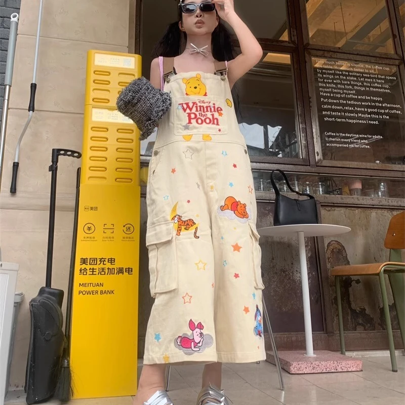 Original New Women's Jumpsuit 2025 Summer Cartoon Embroidered Tooling Overalls Retro Heavy Industry Casual Cropped Pants Ladies