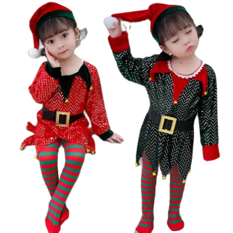 New Year Kids Elf Santa Claus Costume Green Cosplay Christmas Carnival Party Fancy Dress for Girls Boys Red Xmas Clothes Set