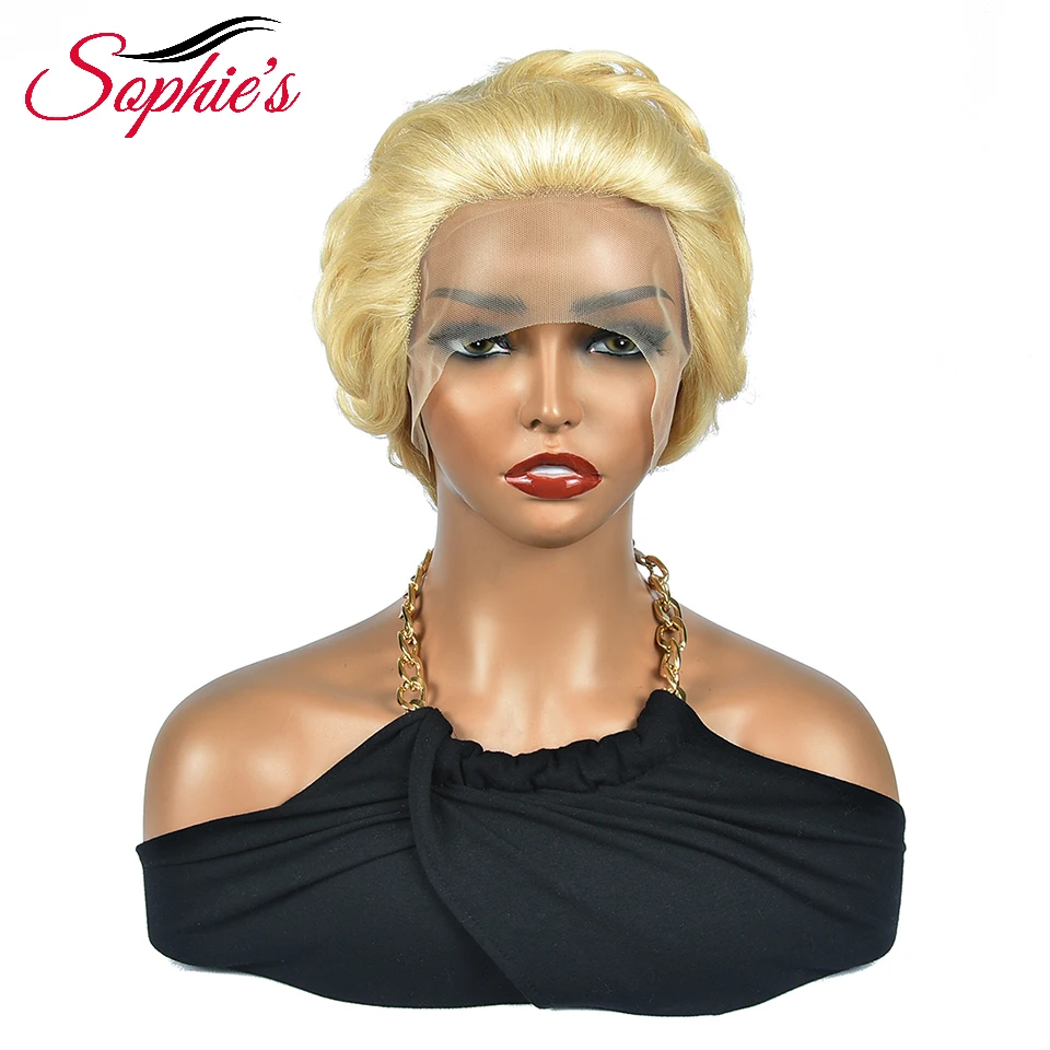 Sophies 613 pirang renda depan rambut manusia Wig pendek Pixie potong Wig untuk wanita rambut Brasil Remy rambut 180% kepadatan 4.5 inci