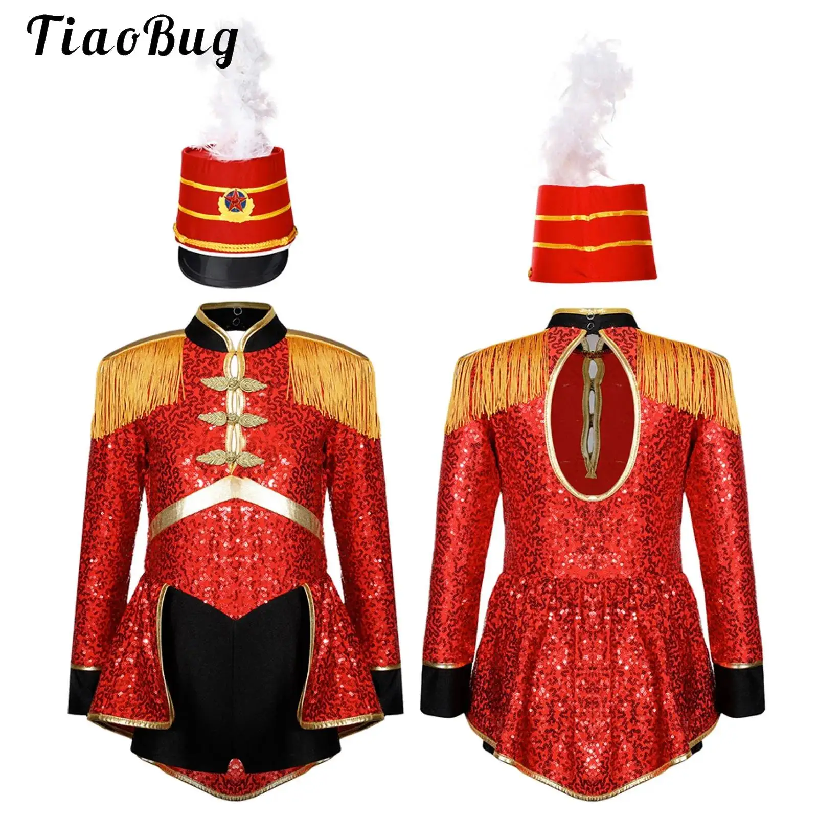 Girls Circus Ring Master Halloween Costume Shiny Sequins Lion Tamer Outfits Drummer Marching Band Team Jumpsuit with Hat Set