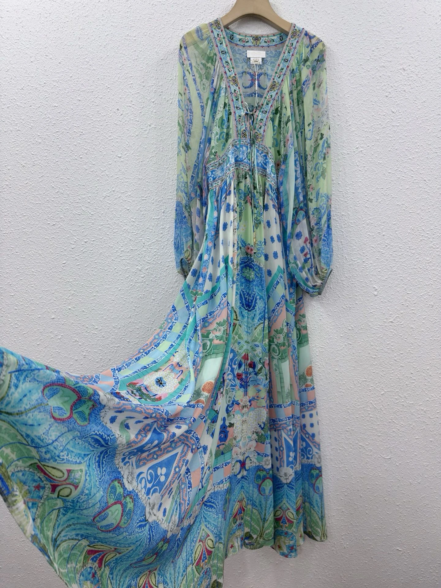 

100% Real Silk New Vintage Paisley Print Long Dress for Women Deep V Neck Elastic Waist Flowy Chiffon Maxi Dress Beach Cover Ups