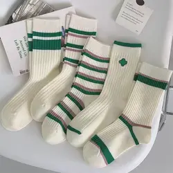 Japanese Harajuku Style Women's Socks Retro Green Striped Cotton Crew Socks Happy Fashion Streetwear Cheap Socks Girl Gift