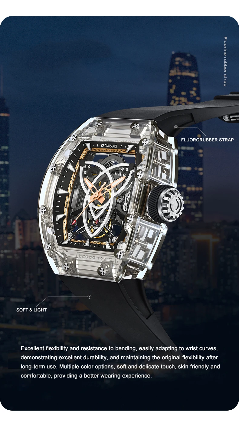 CRONUSART Men Automatic Watch 50*42mm Tonneau Mechanical Wristwatch Acrylic Case Luminous Fluororubber Strap Skeleton Dial