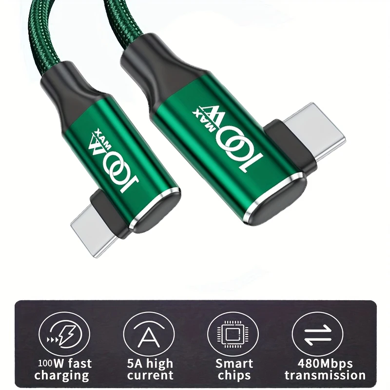 Green 100W Type-C to Type-C Fast Charging Data Cable, Universal for iPhone 16/15 Series, Samsung Galaxy Android Phones & Tablets