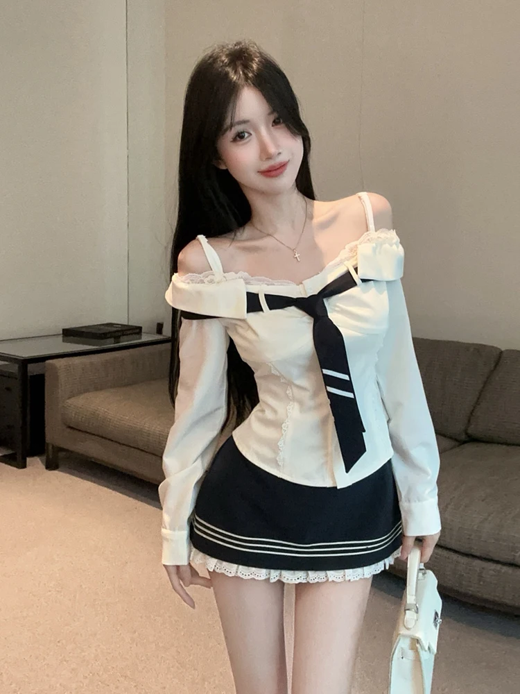 American Style Spicy Girl Anti-Aging One-Shoulder Slimming Tie Long Sleeve Shirt Top Color Block Wrap around Half Skirt Schoo...