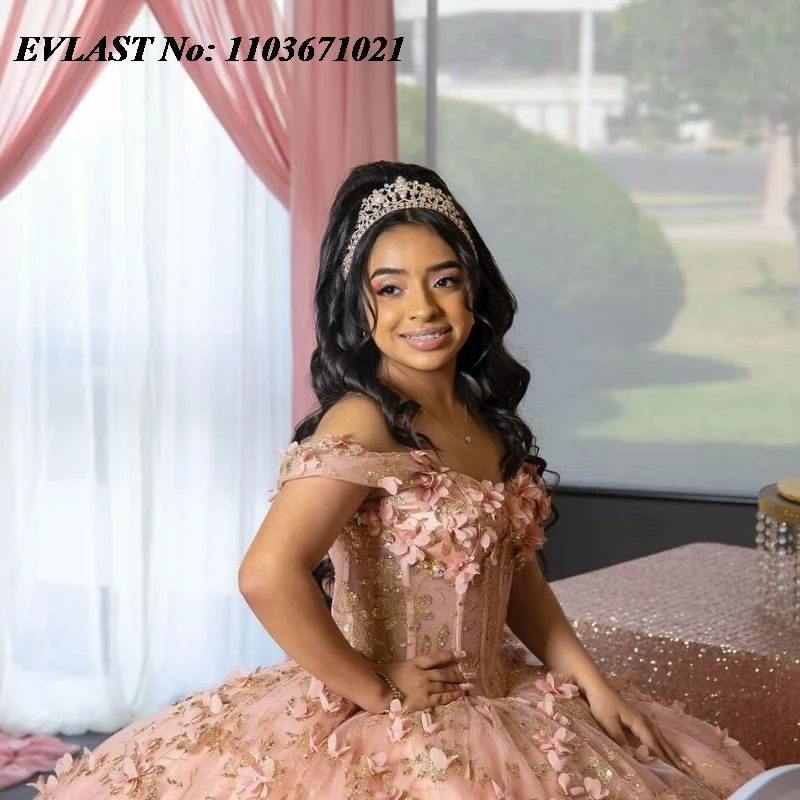 EVLAST Shiny Pink Quinceanera Dress Ball Gown Golden Lace Applique Beading Mexican Corset Sweet 16 Vestidos De XV 15 Anos SQ122