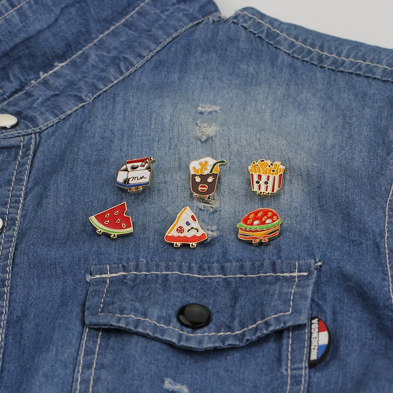6 Styles Classic Burger Fast Food Design Enamel Brooches Golden Hamburger Milk Cake Pizza Fries Watermelon Shaped Pins