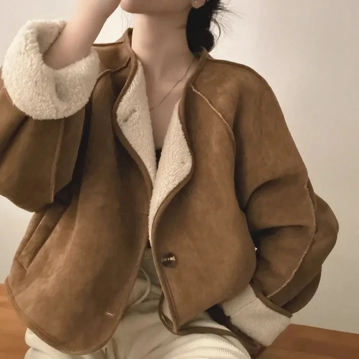 

Faionable Lamb Fur Coat with Bag Korean Sle Medium Softn Spring Autumn Winter Women's Regular Fit Inner Wear Casual Ou...