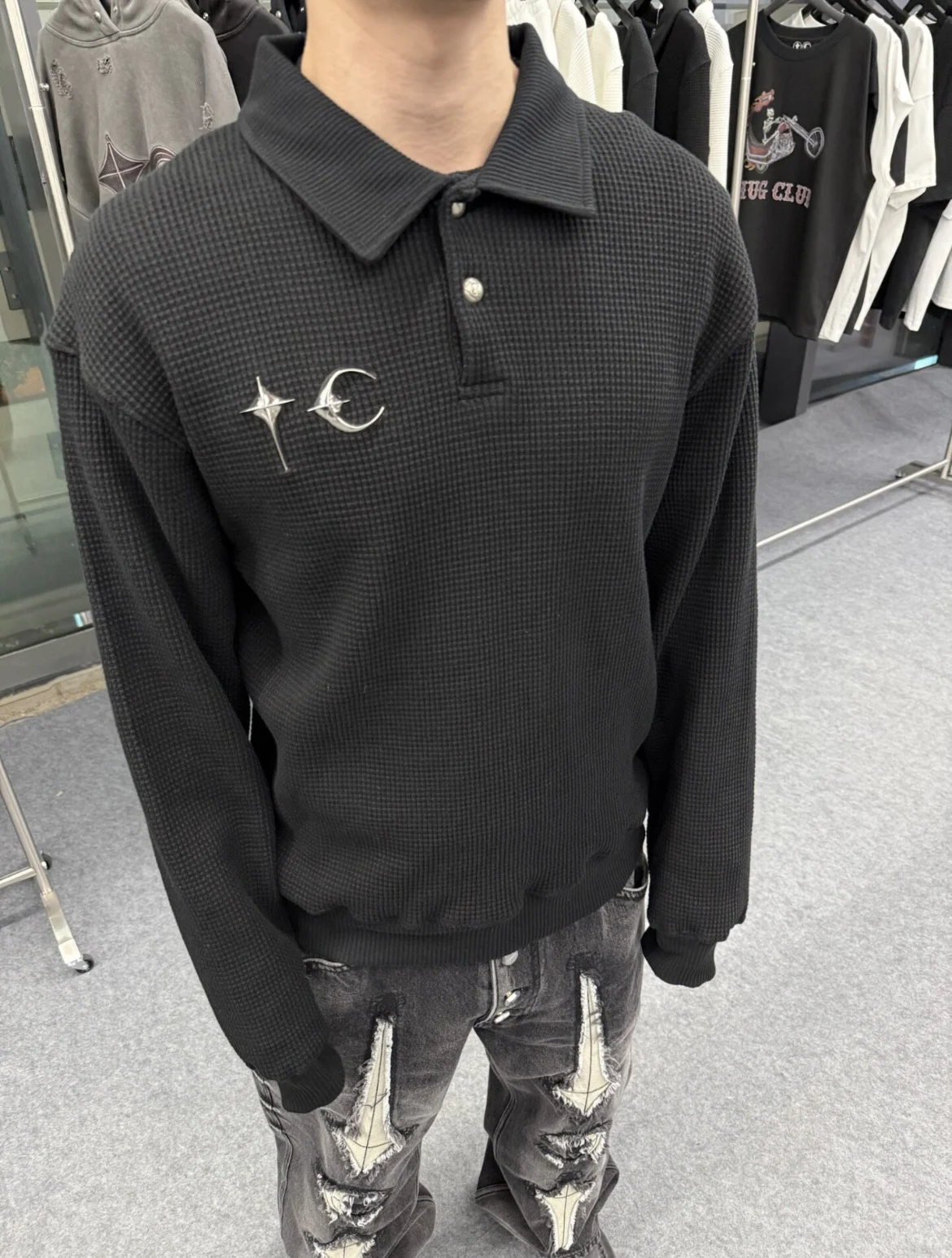Metal Logo Long Sleeve Collared T-Shirt Versatile Youth Casual Cotton Tee Unisex Spring Autumn Wear Thug Club LEARL
