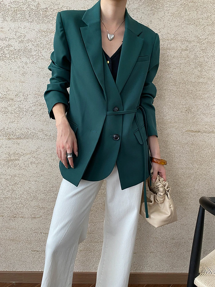 YERMORA Women Navy Blue Bandage Big Size Blazer New Lapel Long Sleeve Elegant Basic Jacket Fashion Tide Spring Autumn 2024