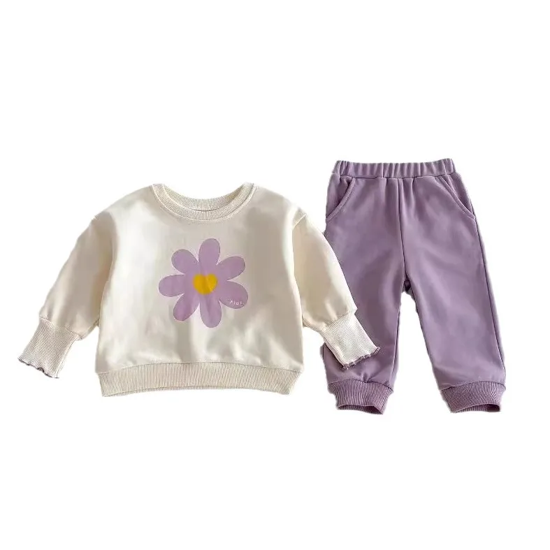 2024 Spring Autumn Baby Girls 2PCS Clothes Set Flower Printed Sweatshirts Solid Cotton Sweatpants Suit Toddler Girls Outfits