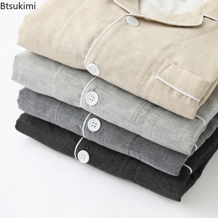 Setelan piyama tipis musim panas pria, baju tidur Pasangan santai 100% katun warna polos, lengan pendek bernapas dua potong