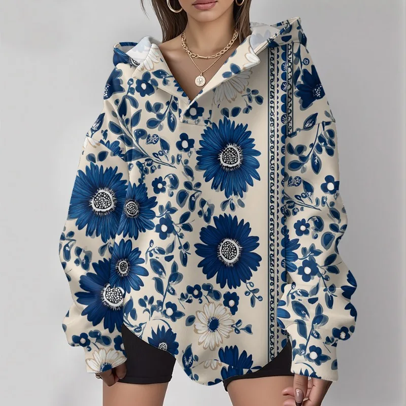 

Синяя свободная толстовка с цветочным принтом в стиле ретро для женщин, винтажный большой пуловер в стиле хип-хоп, модная толстовка для пар, зимняя одежда