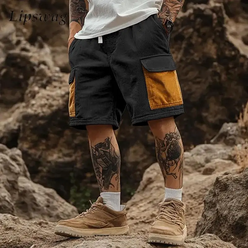 

Vintage Multi Pockets Patchwork Mens Cargo Shorts 2025 Summer Fashion Contrast Color Corduroy Shorts For Men Casual Loose Shorts
