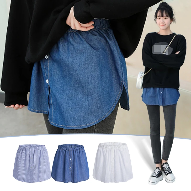 Wanita Chic Denim Palsu Hem Disesuaikan Layering Palsu Atas Bawah Menyapu Rok Kancing Tidak Teratur A-Line Setengah Kemeja Rok Extender