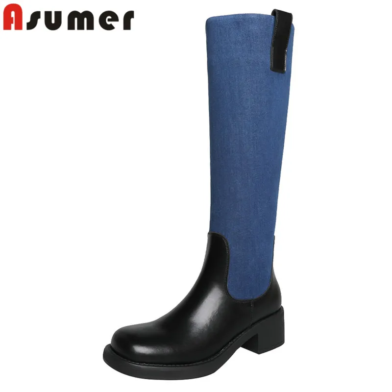 

ASUMER 2024 New Genuine Leather Slip On Knee High Boots Ladies Mixed Colors Motorcycle Boots Square Med Heels Platform Shoes