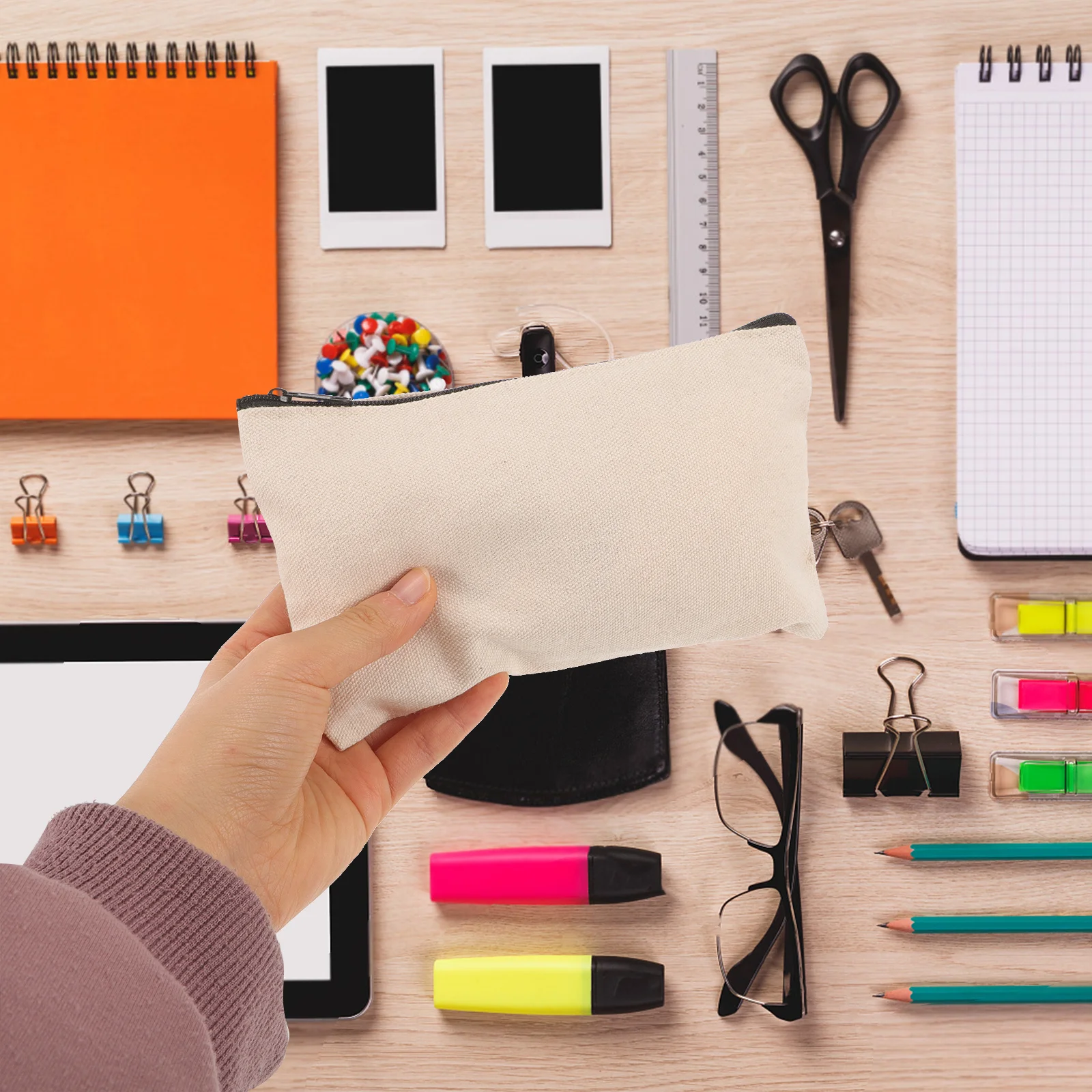 

6Pcs Stylish Canvas Makeup Bag with Zipper Functional Pencil Container Portable Brush Holder for Children Friends Birthday Gift