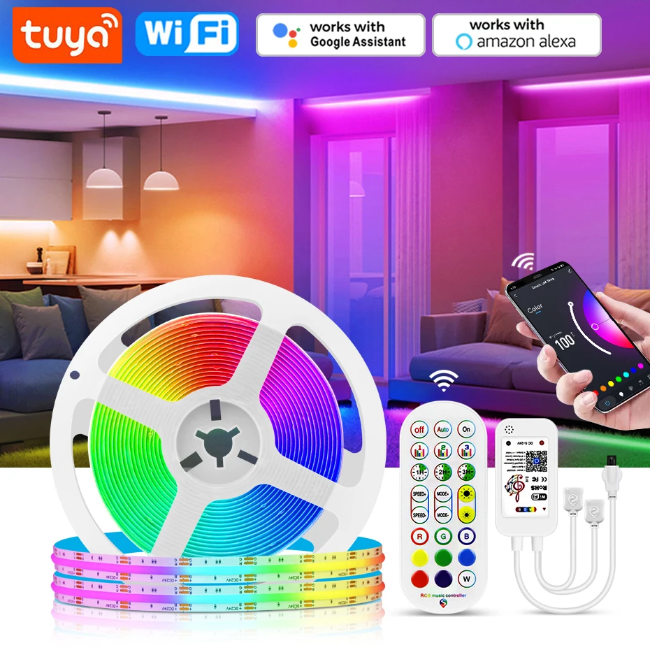 

Smart RGB COB Led Strip Tape 24V Tuya WiFi,Bluetooth Remote 3M 5M 10M 840LEDs/m Soft Flex RGB Cob Led Ribbon Indoor Lighting