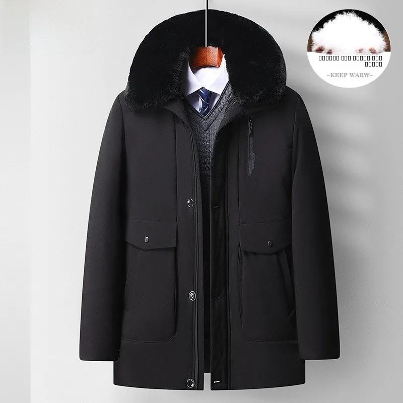 

Thiened Winter down Jaet Men's Warmth Large Size Dad Clothes Busin Casual Sle Polyester Fiber White Du down Filling