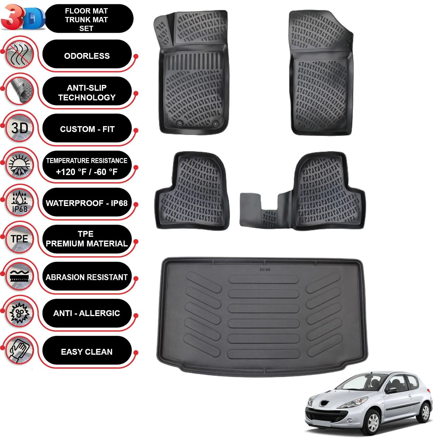 Peugeot 206 - (1999-2009) - Floor Mats + Cargo Trunk Liner - SET - (Black)