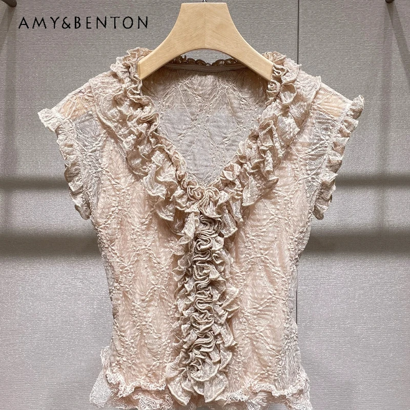 

French Retro Unique Design Women's Clothing 2026 New Three-dimensional ThinTemperament Lace Short-sleeved V-neck T-shirt Ladies