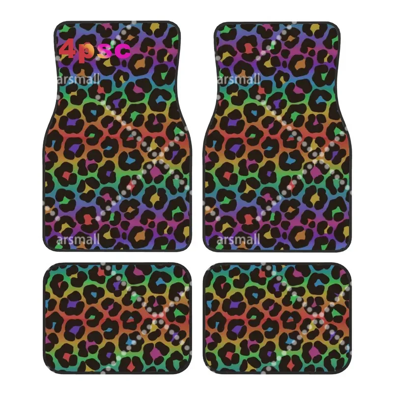Rainbow Leopard Print Animal Spots 4PCS Crystal Velvet Car Floor Mats Set Universal Front Rear Foot Mats Car Protection Mat