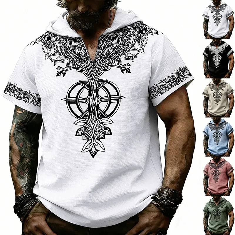 T-shirt à capuche ample pour homme en bambou et chanvre, imprimé Runes de la Foi de Pâques, style Hip Hop tendance, manches courtes, taille européenne, collection été