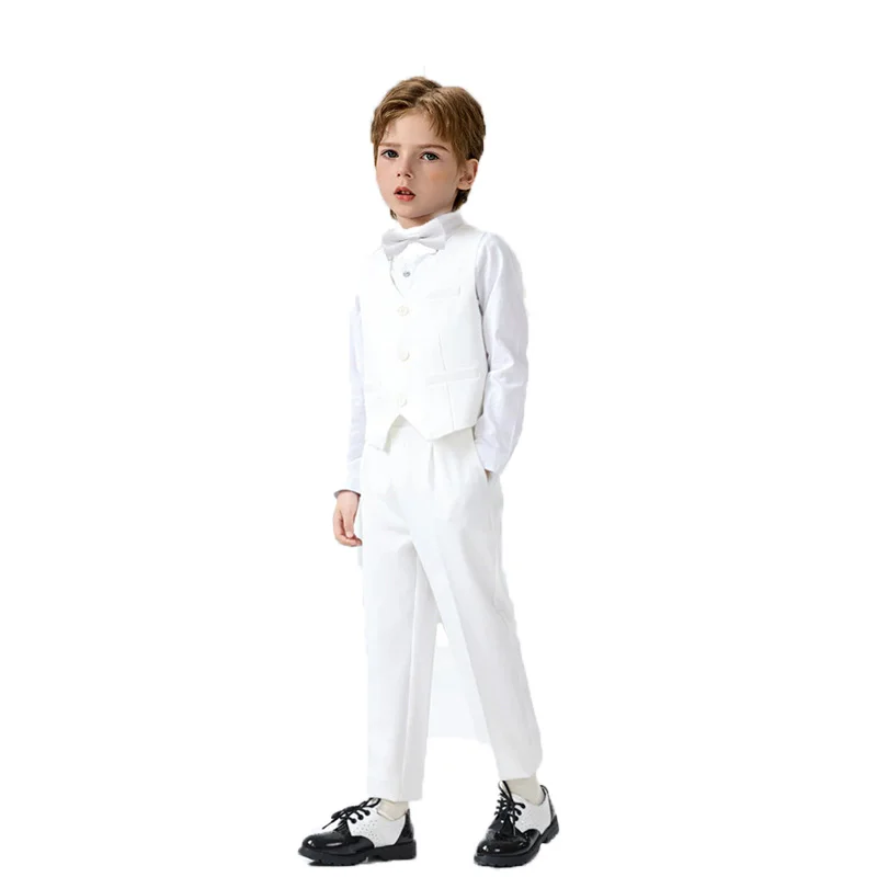 British Kids Summer White 3Pieces/Set Vest Pants Bowtie Photograph Suit Children Stage Performance Suit Boys Wedding Costume