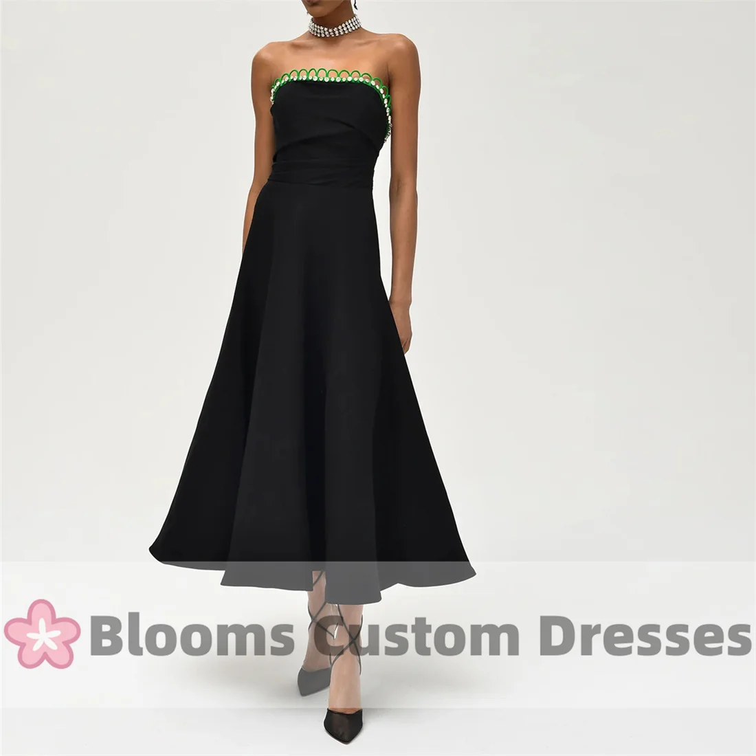 Blooms Strapless Black A-Line Customized Evening Dress For Special Occasion Rhinestone Green Backless Elegant Party Prom Dresses