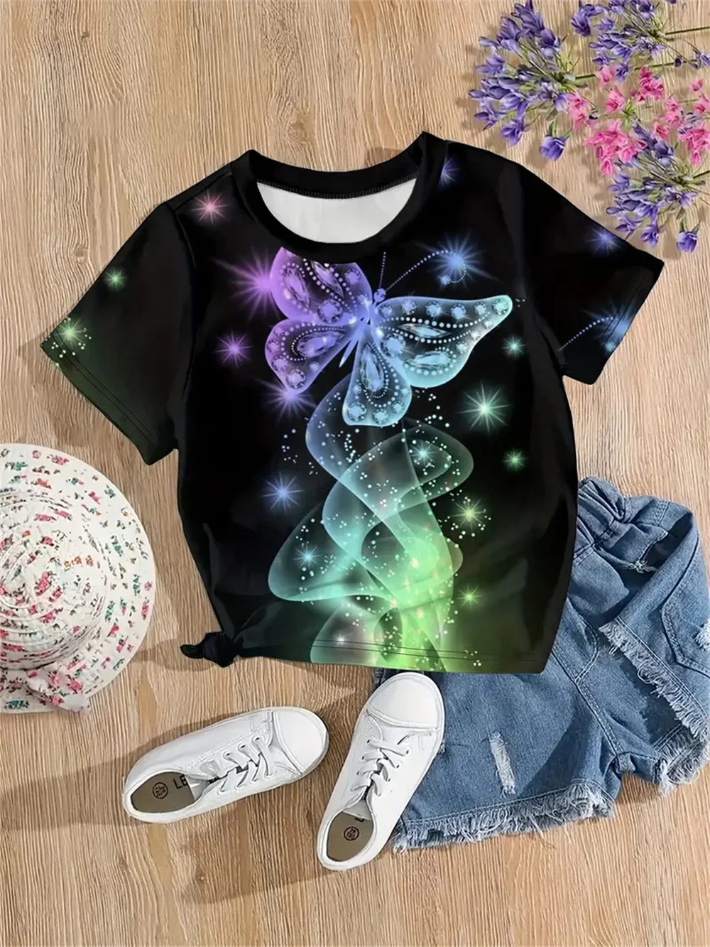 2025 Ropa para niñas, nuevas camisetas divertidas con estampado 3d de mariposas y animales para niñas, camisetas de manga corta a la moda para fiestas, camisetas informales