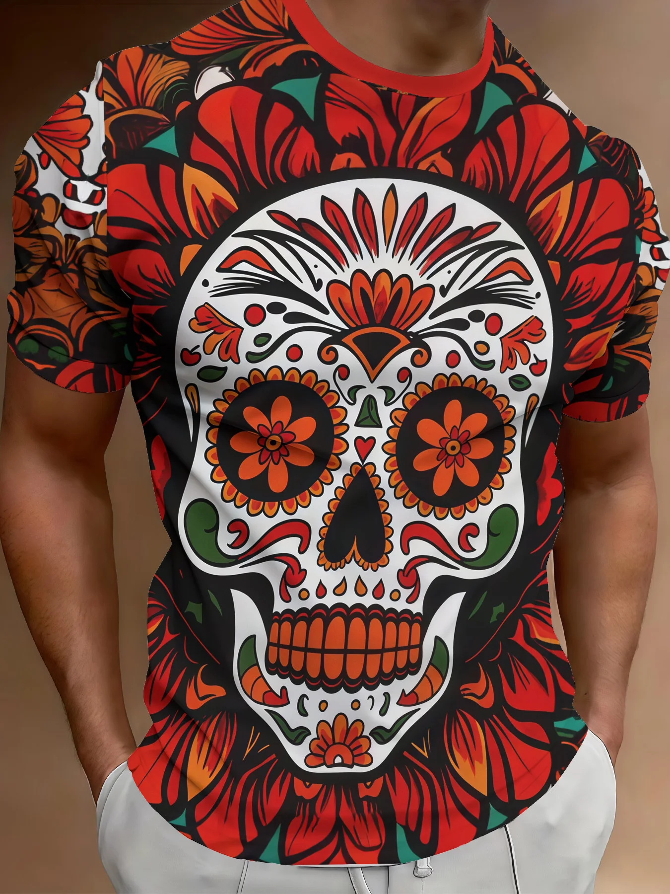 Herren-T-Shirt mit mexikanischem Zuckerschädel-Blumendruck, roter Rundhalsausschnitt, lässiges Oberteil für den Tag der Toten – Detail 4