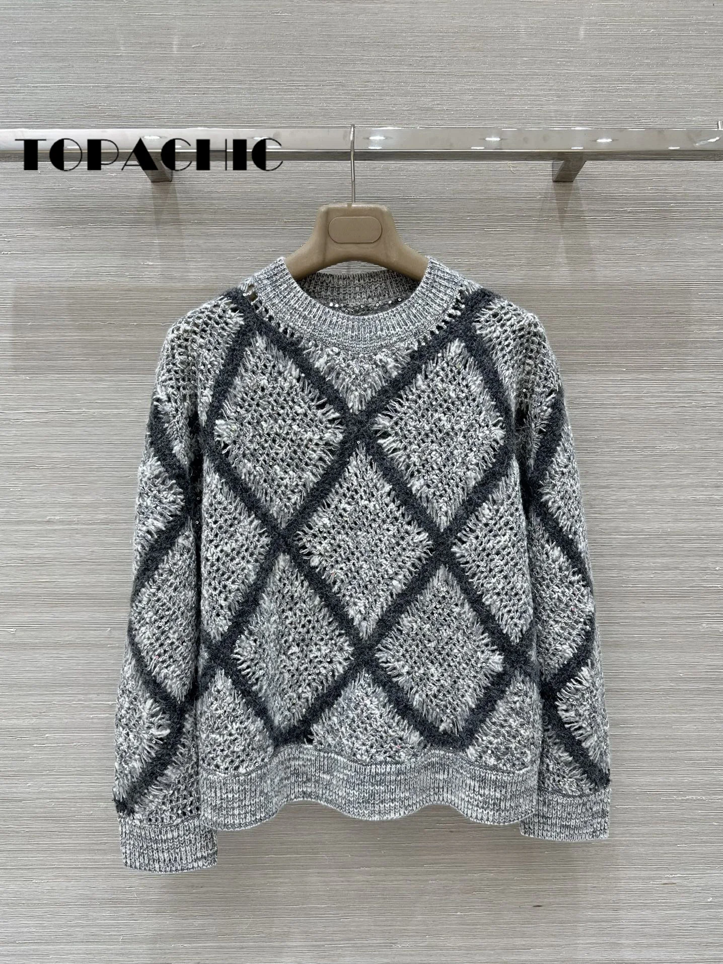 9.9 TOPACHIC Women Contrast Color Argyle Plaid Crochet Hollow Out Pullover Knitwear Wool Soft Comfortable Long Sleeve Sweater