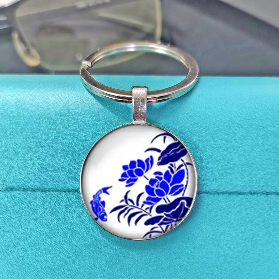 Classic Porcelain Phoenix Botanical Pendant Keyring, Antique Chinese Curly Foliage Glass Key Holder