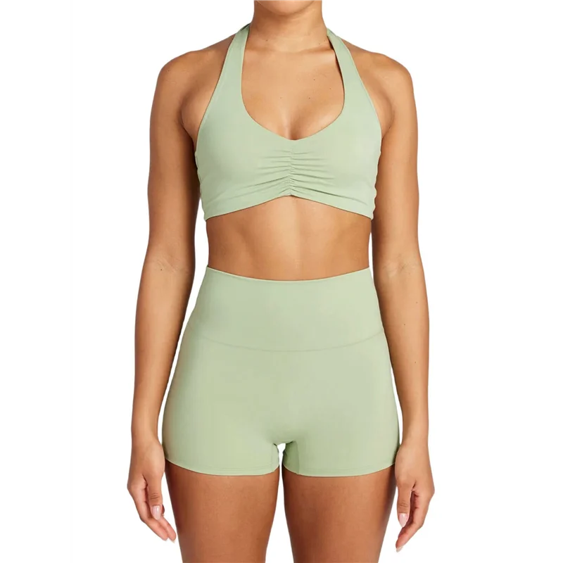 

ASDS-Workout Sets For Women 2 Piece Wrinkles Halter Sports Bras High Waist Biker Shorts Exercise Yoga Outfit