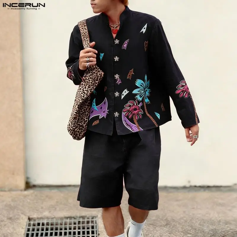 

INCERUN Men Sets Printing Stand Collar Long Sleeve Shirt & Shorts Two Pieces Sets Streetwear Vacation 2025 Fashion Men's Suits
