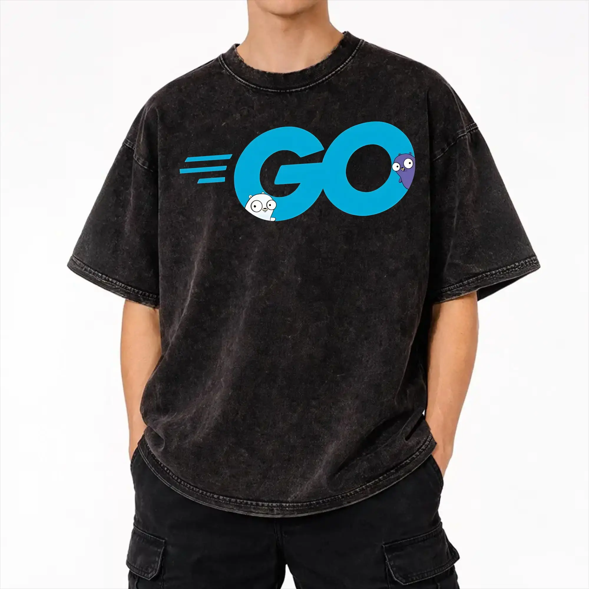2025 Golang Go Logo with Embedded Gopher Mascots  Washed T Shirt Apparel Harajuku T-Shirt  Men Women Tee Shirt