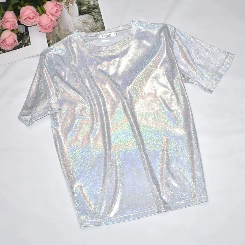 Camiseta de manga corta con cuello redondo para mujer, Top holgado informal, brillante, metálico, holográfico, ropa para fiesta y Festival