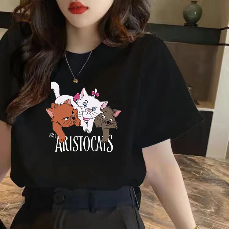 The Aristocats Marie Cat Cotton Women Girls Casual Harajuku T-shirt O-neck Short Sleeve Streetwear Summer Female T-shirt