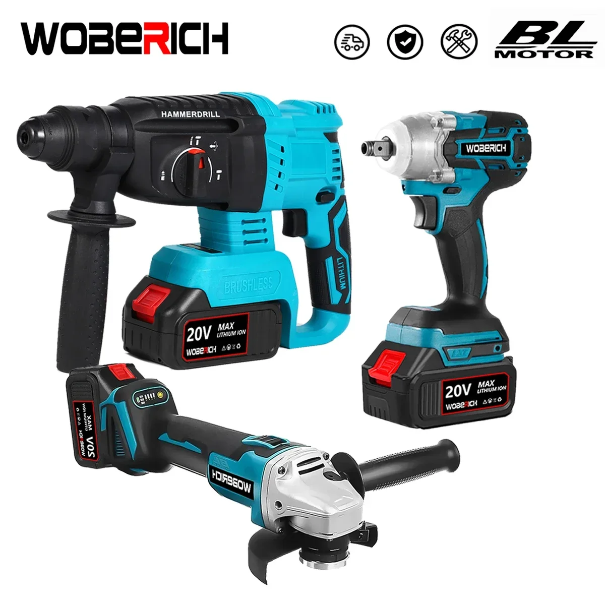 

Brushless Cordless Impact Wrench Electric Angle Grinder Impact Rotary Hammer Combo Kit Power Tool Sets For Makita/Woberich 18V