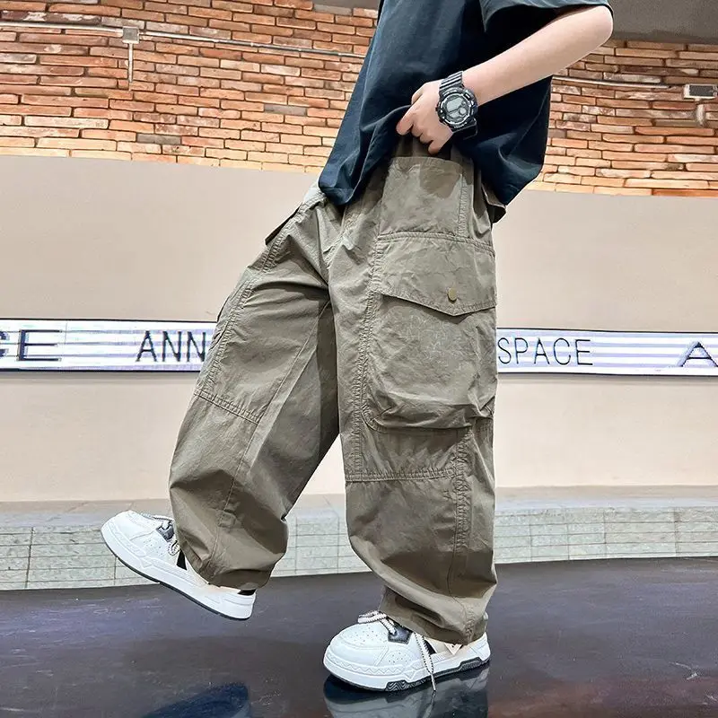 

Boys Cargo Pants 2026 New Hip Hop Loose Straight Wide Leg Thin Spring Summer Children Trousers Streetwear