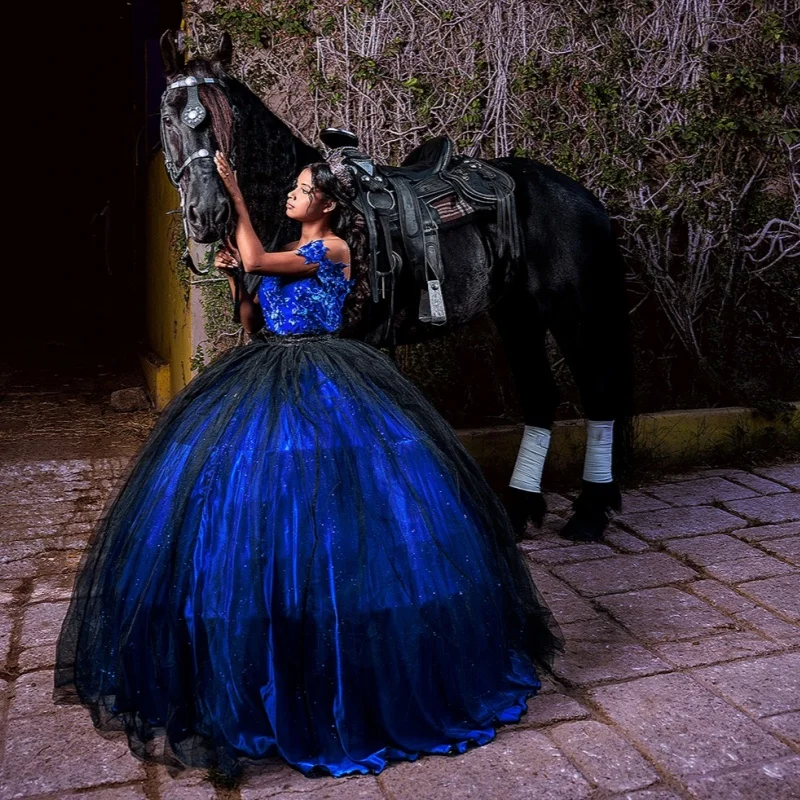 Brilhante azul royal quinceanera vestido de renda cristal glitter flor decalque cauda longa vestidos de 15 quinceanera ﻿ Personalizado