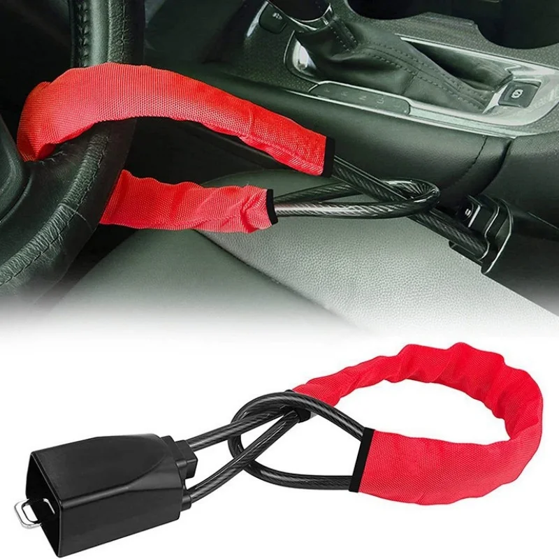 قفل عجلة قيادة السيارة مع مقبس حزام الأمان حبل فولاذي لشاحنة SUV فان RV مع 3 مفاتيح جهاز حماية عالمي ضد السرقة