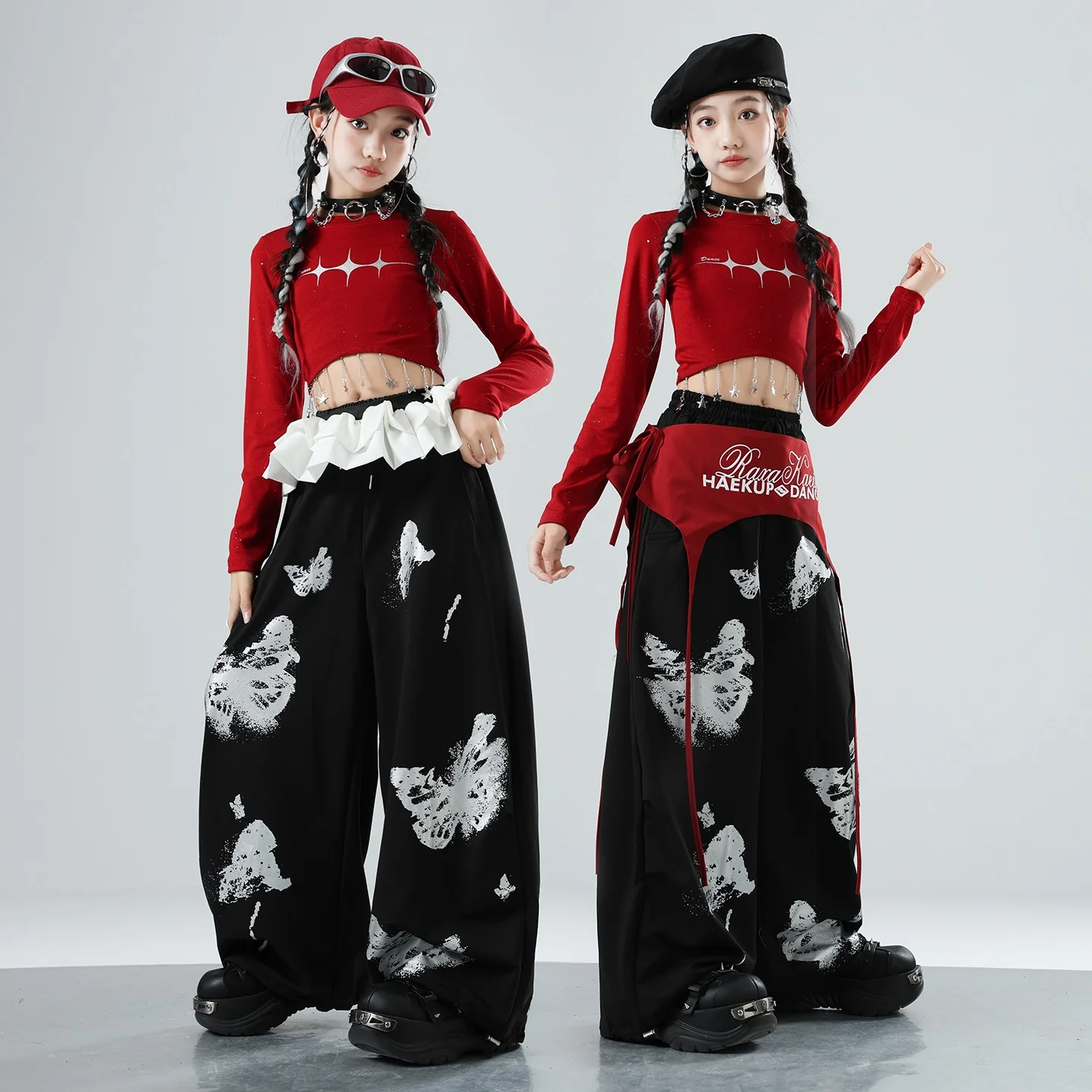 Meninas jazz hip hop roupas de dança vermelho nacel topos baggy sweatpants roupas prática salão mangas compridas rua danewear bl17135